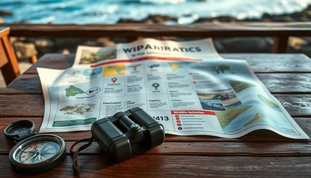 A detailed table with essential trip information displayed on a wooden surface, illuminated by warm, natural lighting. In the foreground, a compass, binoculars, and a map unfurled, showcasing key landmarks and wildlife hotspots. In the middle ground, a tidy grid of icons and text detailing local weather, transportation options, and recommended activities. The background features a blurred coastal landscape, hinting at the Hawaiian setting. The overall mood is one of organized, practical guidance, tailored to enhance the viewer's upcoming wildlife exploration.