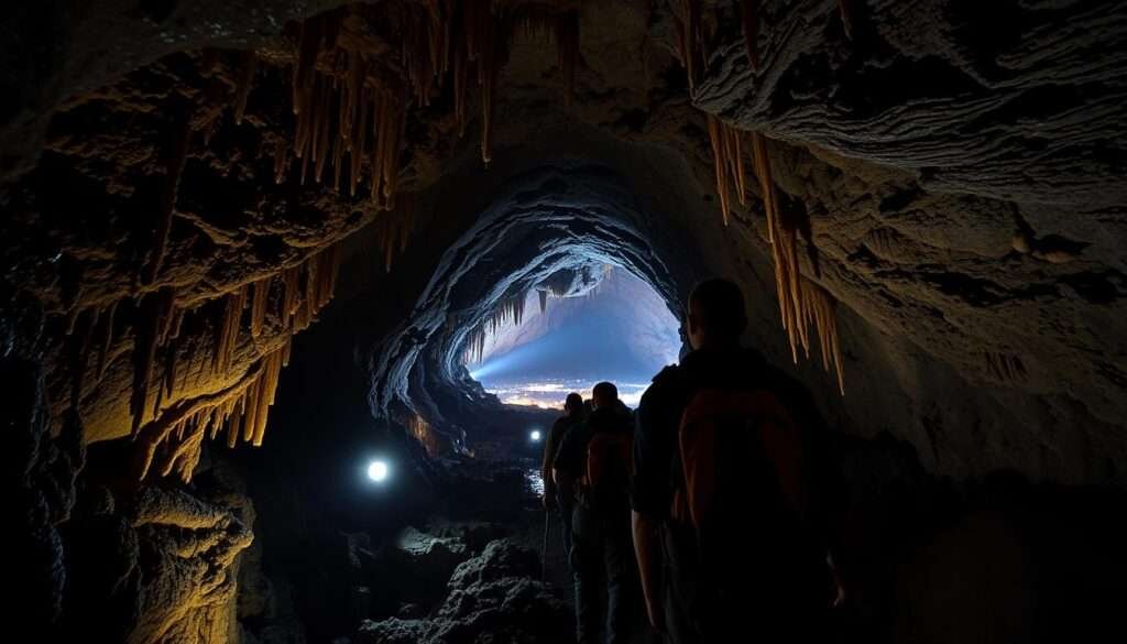 A dimly lit underground cavern, the walls adorned with intricate lava tube formations. Stalactites and stalagmites cast flickering shadows as a team of explorers navigates the winding passages, their headlamps illuminating the way. The air is cool and damp, the sound of dripping water echoing through the cavernous space. In the distance, a glowing pool of molten rock, the heart of the Earth's fiery core, casts an ethereal glow. The explorers move cautiously, their faces etched with a sense of wonder and discovery, as they delve deeper into this hidden world, uncovering the secrets of the lava tube's ancient formation.