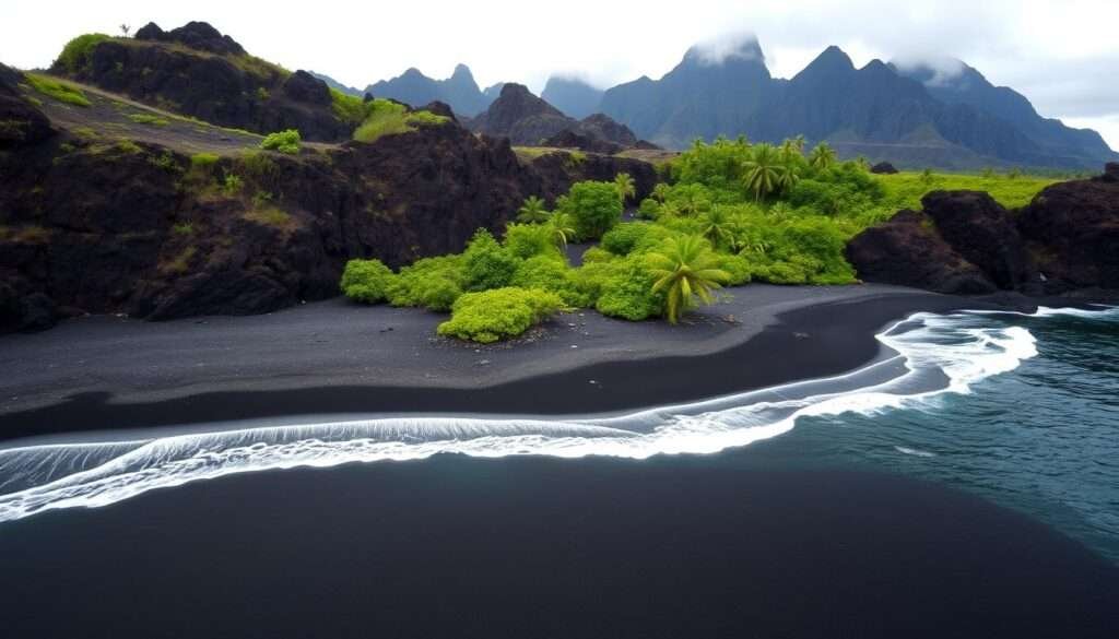 A dramatic black sand beach nestled in a volcanic landscape, with rugged cliffs and lush tropical foliage surrounding a tranquil cove. The ebony sands glisten under a soft, diffused light, creating a serene and otherworldly atmosphere. In the foreground, the gentle waves lap against the shore, hinting at the vibrant underwater world awaiting snorkelers. The middle ground features a picturesque path winding through the verdant vegetation, inviting exploration. In the background, towering volcanic peaks rise majestically, their jagged silhouettes creating a stunning backdrop. The overall scene conveys a sense of both power and tranquility, reflecting the natural wonder of this hidden coastal gem.