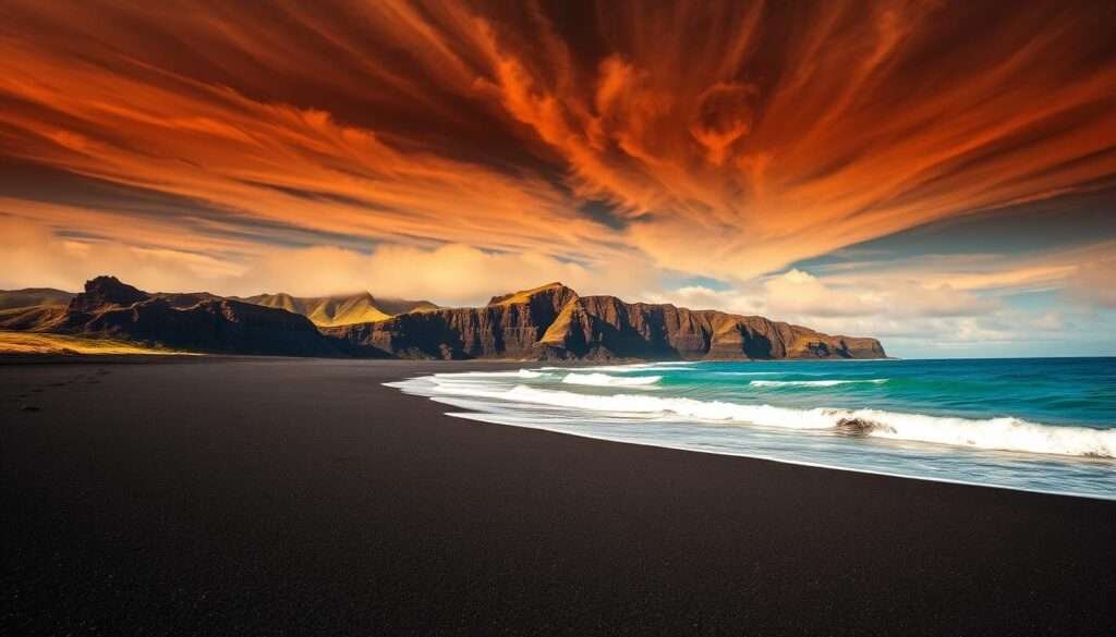 A dramatic black sand beach on the Big Island, Hawaii. In the foreground, dark volcanic sand stretches out, contrasting sharply with the turquoise waters lapping at the shore. In the middle distance, rugged cliffs rise up, their jagged edges carved by the relentless waves. The sky above is a deep, moody blue, with wispy clouds drifting lazily overhead. Warm, golden sunlight filters through, casting a warm glow over the scene and highlighting the unique, otherworldly beauty of this natural wonder. The overall atmosphere is one of tranquility and wonder, inviting the viewer to explore this captivating corner of the island.