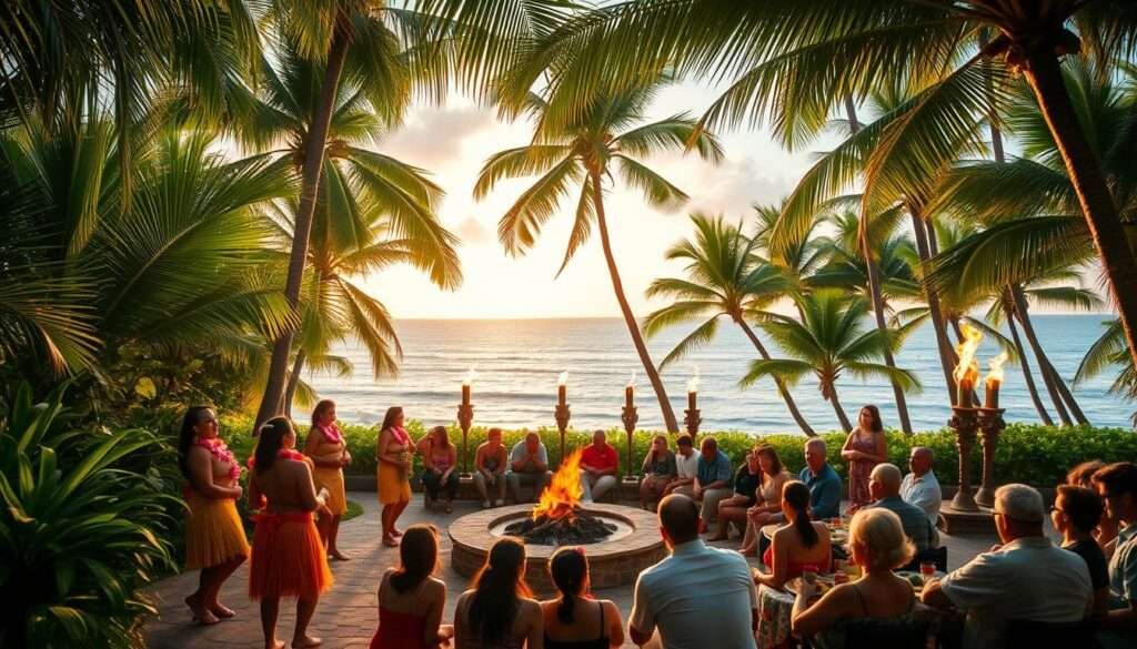A lush Hawaiian landscape, lush palm trees swaying in the gentle breeze, set the stage for a traditional luau gathering. In the foreground, a group of hula dancers perform with graceful movements, their colorful grass skirts and flower leis accentuating the cultural celebration. In the middle ground, guests sit around a central fire pit, enjoying a feast of roasted pork, poi, and tropical fruits, immersed in the rich history and customs of this island paradise. The background features tiki torches, creating a warm, inviting glow, and in the distance, the tranquil waters of the Pacific Ocean shimmer under the setting sun, completing the idyllic Hawaiian tableau.