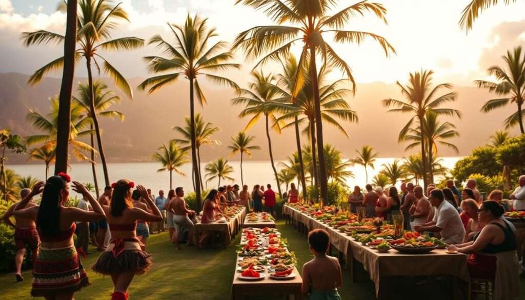 A lush, open-air luau set against the backdrop of a stunning Hawaiian landscape. In the foreground, performers in traditional costumes sway gracefully, their movements imbued with the rich cultural heritage of the islands. In the middle ground, long tables laden with an abundance of locally-sourced, sustainable dishes, the aromas wafting through the air. Towering palm trees sway gently in the soft, warm breeze, casting dappled shadows across the scene. The lighting is natural and golden, creating a serene, inviting atmosphere. The overall impression is one of harmony and balance, where modernity and tradition coexist in perfect symbiosis, celebrating the enduring spirit of Hawaiian hospitality and sustainability.