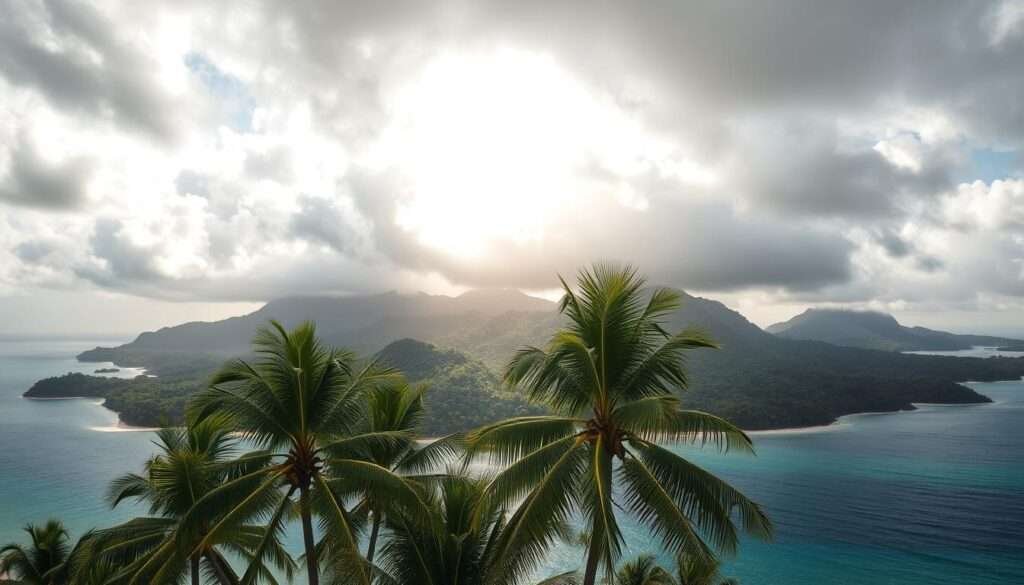 A lush tropical island, surrounded by azure waters and swirling storm clouds. In the foreground, palm trees sway gently in the warm breeze, their fronds casting dynamic shadows on the sandy shore. The middle ground reveals rolling hills cloaked in verdant foliage, with misty peaks rising in the distance. Dramatic light filters through the parting clouds, casting a warm, golden glow over the scene. The overall atmosphere is one of tranquility and impending change, hinting at the dynamic weather patterns that define the island's unique seasons.