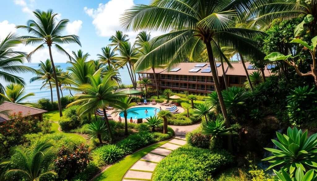 A lush, tropical paradise nestled amidst swaying palm trees and vibrant greenery. A serene, eco-conscious resort featuring an inviting pool and spa, with guests enjoying the warm Hawaiian sun and gentle ocean breezes. The hotel's architecture blends seamlessly with the natural landscape, showcasing sustainable design elements like solar panels, natural ventilation, and locally-sourced materials. In the foreground, a tranquil path leads to the resort's entrance, surrounded by native flora and the soothing sounds of a nearby waterfall. The overall scene exudes a sense of harmony, where luxury and environmental responsibility coexist in perfect balance. A lush, tropical paradise nestled amidst swaying palm trees and vibrant greenery. A serene, eco-conscious resort featuring an inviting pool and spa, with guests enjoying the warm Hawaiian sun and gentle ocean breezes. The hotel's architecture blends seamlessly with the natural landscape, showcasing sustainable design elements like solar panels, natural ventilation, and locally-sourced materials. In the foreground, a tranquil path leads to the resort's entrance, surrounded by native flora and the soothing sounds of a nearby waterfall. The overall scene exudes a sense of harmony, where luxury and environmental responsibility coexist in perfect balance.