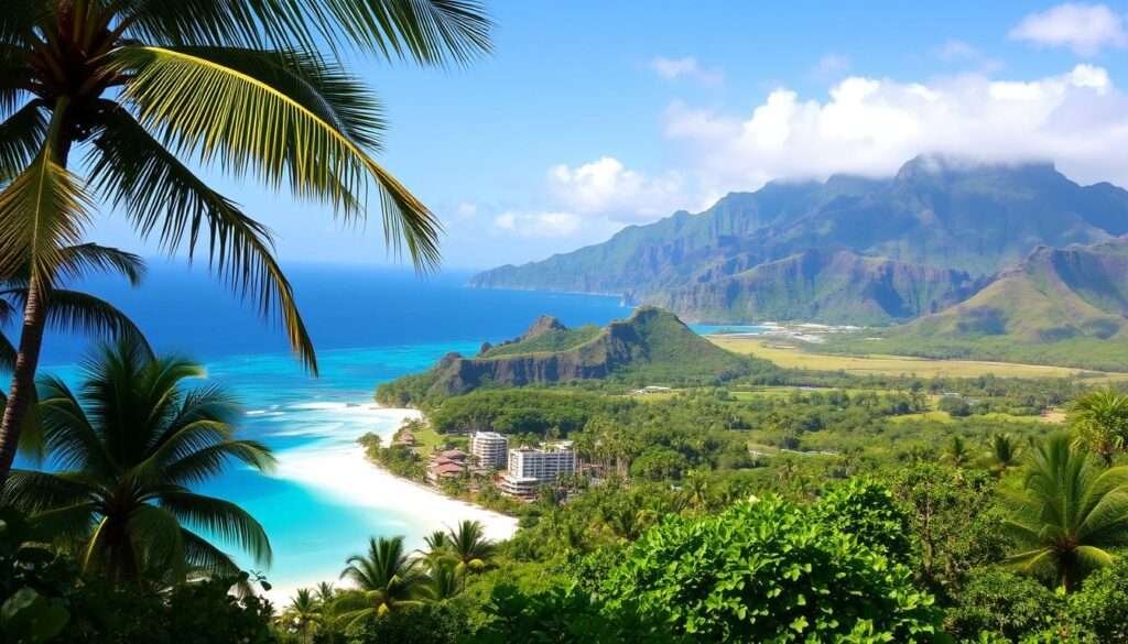 A lush, tropical paradise set against the azure waters of the Pacific Ocean. In the foreground, a pristine beach with swaying palm trees and white sand. In the middle ground, a cluster of eco-lodges and resorts blending seamlessly into the natural landscape. In the background, majestic volcanic peaks rise up, their slopes covered in verdant, sustainable forests. Soft, diffused sunlight bathes the scene, creating a serene and tranquil atmosphere. The overall composition conveys a sense of harmony between human and nature, showcasing Hawaii's commitment to eco-friendly tourism and sustainability.
