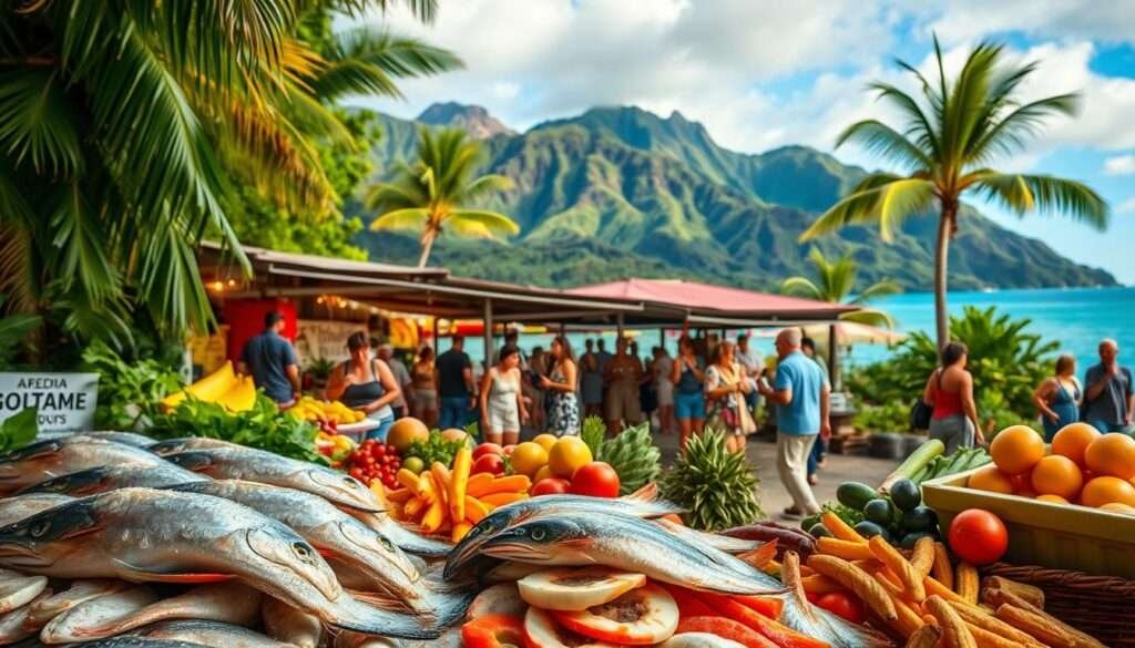 A lush tropical paradise unfolds before the viewer, capturing the vibrant essence of Hawaiian food culture. In the foreground, a vibrant display of freshly caught seafood, glistening with ocean spray, accompanied by a bounty of colorful local produce. In the middle ground, a family-owned open-air market bustles with activity, as locals and visitors alike peruse the stalls, exchanging lively conversations and sampling traditional Hawaiian delicacies. The background is dominated by the majestic presence of volcanic peaks, their lush, verdant slopes reaching towards the azure sky. Warm, diffused lighting bathes the scene, creating a serene and inviting atmosphere that perfectly encapsulates the rich tapestry of Hawaii's culinary heritage.
