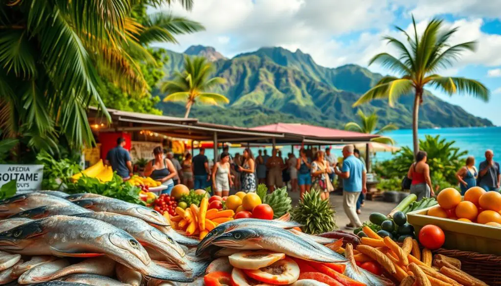 A lush tropical paradise unfolds before the viewer, capturing the vibrant essence of Hawaiian food culture. In the foreground, a vibrant display of freshly caught seafood, glistening with ocean spray, accompanied by a bounty of colorful local produce. In the middle ground, a family-owned open-air market bustles with activity, as locals and visitors alike peruse the stalls, exchanging lively conversations and sampling traditional Hawaiian delicacies. The background is dominated by the majestic presence of volcanic peaks, their lush, verdant slopes reaching towards the azure sky. Warm, diffused lighting bathes the scene, creating a serene and inviting atmosphere that perfectly encapsulates the rich tapestry of Hawaii's culinary heritage.