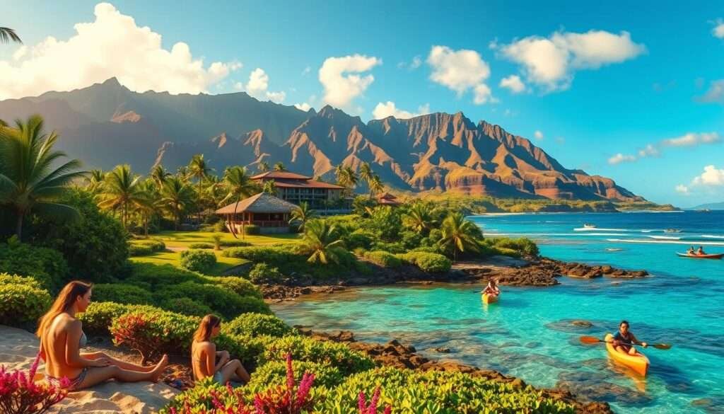 A lush, tropical paradise unfolds in an idyllic Hawaiian setting. In the foreground, sun-kissed beachgoers enjoy a variety of eco-friendly activities - kayaking along crystal-clear turquoise waters, snorkeling among vibrant coral reefs teeming with marine life, and hiking verdant trails that wind through towering palm trees and fragrant flowers. The middle ground showcases a tranquil, sustainable resort nestled amid a lush, verdant landscape, its modern architecture blending seamlessly with the natural surroundings. In the background, dramatic volcanic peaks rise majestically, their rugged silhouettes framed by a warm, golden glow cast by the setting sun. The overall scene conveys a sense of harmony, balance, and a deep connection to the island's rich natural heritage. A lush, tropical paradise unfolds in an idyllic Hawaiian setting. In the foreground, sun-kissed beachgoers enjoy a variety of eco-friendly activities - kayaking along crystal-clear turquoise waters, snorkeling among vibrant coral reefs teeming with marine life, and hiking verdant trails that wind through towering palm trees and fragrant flowers. The middle ground showcases a tranquil, sustainable resort nestled amid a lush, verdant landscape, its modern architecture blending seamlessly with the natural surroundings. In the background, dramatic volcanic peaks rise majestically, their rugged silhouettes framed by a warm, golden glow cast by the setting sun. The overall scene conveys a sense of harmony, balance, and a deep connection to the island's rich natural heritage.