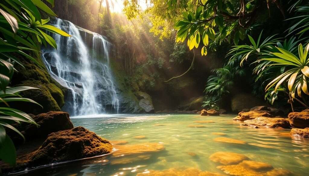 A lush, verdant Kauai waterfall cascading over mossy rocks, the sunlight filtering through the jungle canopy and casting a warm, golden glow. The foreground features a crystal-clear pool, its surface reflecting the cascading water. In the middle ground, vibrant tropical foliage frames the scene, creating a sense of depth and immersion. The background gradually fades into a misty, atmospheric haze, hinting at the untamed wilderness beyond. Captured with a wide-angle lens and a slow shutter speed, the image conveys a serene, almost dreamlike quality, inviting the viewer to immerse themselves in the tranquil beauty of this hidden Kauai gem.
