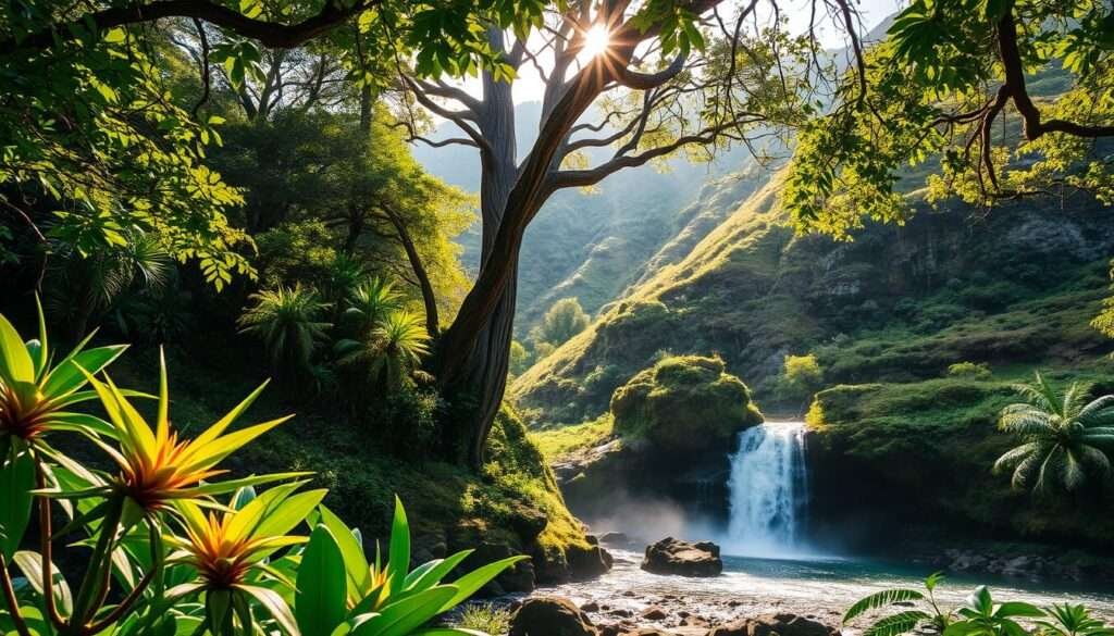 A lush, verdant jungle canopy frames a cascading waterfall, its crystalline waters tumbling over mossy rocks into a serene pool below. Sunlight filters through the foliage, casting a warm, golden glow across the scene. In the foreground, vibrant tropical flora sway gently in a light breeze, while towering, ancient-looking trees rise up in the middle ground, their branches reaching towards the heavens. The background is filled with rolling hills, their slopes covered in a patchwork of emerald greens and earthy browns. The entire composition exudes a sense of tranquility and adventure, inviting the viewer to immerse themselves in the natural beauty of Kauai.