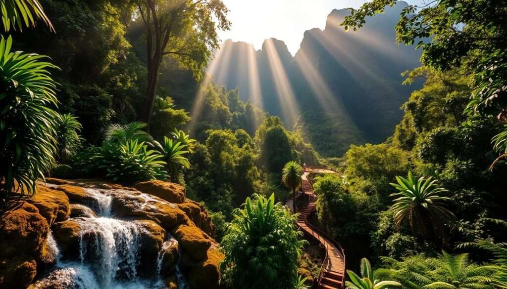 A lush, verdant jungle landscape on the island of Kauai, with a cascading waterfall in the foreground, its crystal-clear waters flowing over mossy rocks. In the middle ground, a winding trail winds through the dense foliage, inviting adventurers to explore the hidden gems of this Hawaiian paradise. Rays of warm, golden sunlight filter through the canopy, casting a serene, magical glow over the scene. In the background, towering, jagged cliffs rise up, their rugged beauty a testament to the raw power of nature. The overall atmosphere is one of tranquility, adventure, and the awe-inspiring beauty of the natural world.