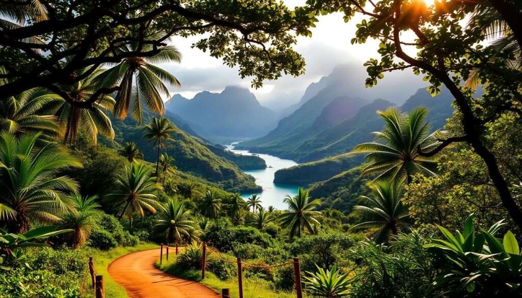 A lush, verdant landscape of Kauai, the "Garden Isle" of Hawaii. In the foreground, a winding path leads through a vibrant, tropical forest, dotted with towering palm trees and vibrant flora. In the middle ground, a serene, turquoise-blue river flows gently, its waters reflecting the surrounding hills and mountains. In the background, majestic, jagged peaks rise up, their slopes cloaked in a veil of mist and mystery. The warm, golden light of the sun filters through the canopy, casting a warm, inviting glow over the entire scene. The atmosphere is one of tranquility and natural beauty, perfectly capturing the essence of Kauai's lush, unspoiled charm.