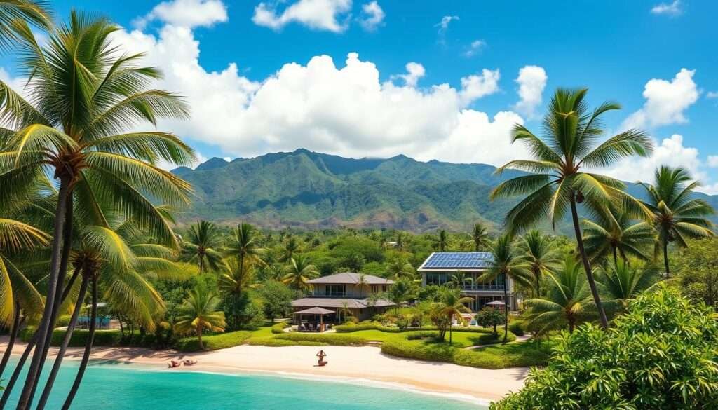 A lush, verdant landscape of towering palm trees, swaying in the gentle Hawaiian breeze. In the foreground, a crystal-clear turquoise ocean laps against a pristine white-sand beach, where sun-kissed beachgoers practice sustainable yoga poses. In the middle ground, a modern, eco-friendly resort nestled amidst verdant gardens, its solar panels glistening in the warm tropical sun. In the background, volcanic peaks rise majestically, their slopes blanketed in a patchwork of sustainable farms and lush rainforests. Overhead, a brilliant azure sky dotted with fluffy white clouds, creating a serene and harmonious scene that captures the essence of sustainable living in the Hawaiian islands. A lush, verdant landscape of towering palm trees, swaying in the gentle Hawaiian breeze. In the foreground, a crystal-clear turquoise ocean laps against a pristine white-sand beach, where sun-kissed beachgoers practice sustainable yoga poses. In the middle ground, a modern, eco-friendly resort nestled amidst verdant gardens, its solar panels glistening in the warm tropical sun. In the background, volcanic peaks rise majestically, their slopes blanketed in a patchwork of sustainable farms and lush rainforests. Overhead, a brilliant azure sky dotted with fluffy white clouds, creating a serene and harmonious scene that captures the essence of sustainable living in the Hawaiian islands.