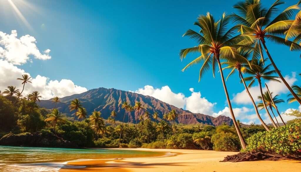 A lush, verdant landscape unfolds, showcasing the diverse attractions of Maui, the Valley Isle. In the foreground, a picturesque beach with glistening golden sands and crystal-clear turquoise waters beckons. Towering palm trees sway gently in the warm tropical breeze. In the middle ground, the iconic Haleakala Crater rises majestically, its rugged, volcanic slopes creating a dramatic backdrop. Lush, verdant rainforests cascade down the mountain's flanks, hinting at the hidden waterfalls and winding trails that await the adventurous traveler. The sky is a brilliant azure, dotted with fluffy white clouds, creating a serene and tranquil atmosphere. Warm, golden sunlight filters through, illuminating the scene and casting a warm, inviting glow over the entire composition.