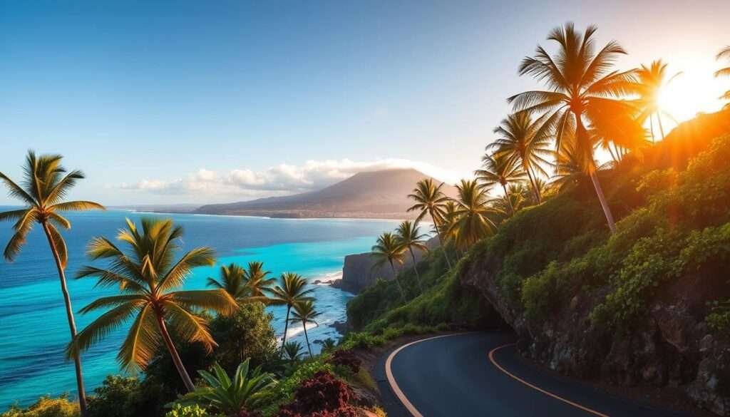 A lush, winding coastal road winds through verdant cliffs and towering palm trees, offering breathtaking views of the pristine azure waters of the Pacific Ocean. The sun casts a warm glow over the scene, illuminating the vibrant tropical foliage and creating a serene, dreamlike atmosphere. In the distance, a volcanic peak rises majestically, its slopes blanketed in a soft mist. Ahead, the road curves gracefully, inviting the viewer to embark on an unforgettable journey through the natural beauty of Hawaii's scenic drives.