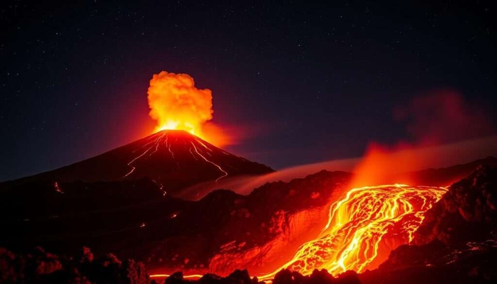 A magnificent volcanic eruption illuminates the night sky, its fiery plume towering against a starry backdrop. In the foreground, molten lava cascades down the mountain's slopes, casting an intense, orange glow across the rugged terrain. The scene is captured with a wide-angle lens, conveying the sheer scale and power of this natural phenomenon. The mood is one of awe and wonder, as the viewer is transported to the heart of this dramatic, geological event unfolding in Hawaii's captivating volcanic landscape.