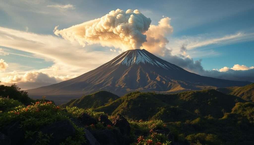 A majestic volcano rises from the lush, verdant landscape of Hawaii's Big Island. In the foreground, a rugged, rocky slope dotted with vibrant foliage leads the eye towards the towering, snow-capped peak. Mid-frame, a thick plume of billowing smoke and ash drifts lazily across the sky, casting a dramatic, moody atmosphere. The background is dominated by the volcano's imposing, angular silhouette, backlit by warm, golden light that filters through the clouds, creating a sense of power and awe. The scene is captured with a wide-angle lens, conveying the grand scale and breathtaking beauty of this volcanic wonder.