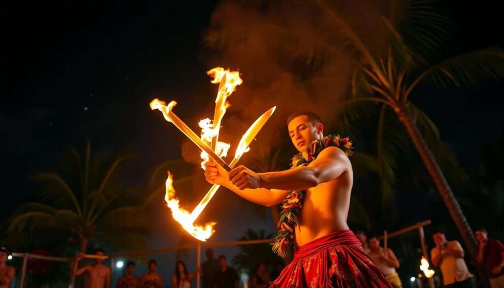 A mesmerizing fire knife dancer performs a captivating routine in the warm glow of a Hawaiian luau. Flames dance around the performer's hands as they gracefully twirl and toss the fiery blades, creating a hypnotic display of skill and showmanship. The scene is set against a backdrop of swaying palm trees and a starry tropical night sky, immersing the viewer in the vibrant culture and energy of a traditional Hawaiian celebration. Dramatic, high-contrast lighting accentuates the intense movements and the flickering flames, while a shallow depth of field keeps the focus on the captivating performance.