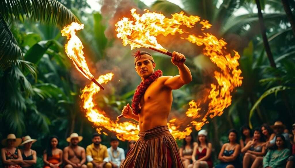 A mesmerizing scene of a skilled fire knife dancer performing an electrifying routine in the heart of a Hawaiian luau. The performer gracefully twirls and tosses the blazing knives, their movements a captivating dance of fire and shadow. Flickering flames cast a warm glow, illuminating the dancer's fluid motions against a backdrop of lush tropical foliage. The audience is spellbound, transfixed by the hypnotic display of daring and artistry that embodies the spirit of Hawaiian culture. A wide-angle lens captures the dynamic performance, framing the dancer in the foreground with the lush, verdant scenery of the luau in the distance.