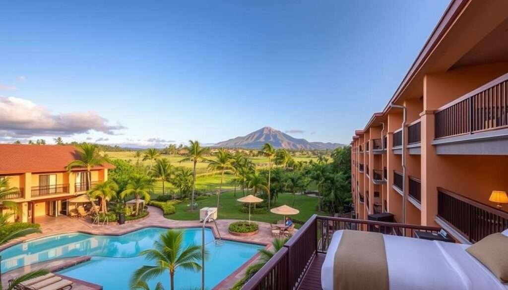 A mid-range hotel set amidst lush, verdant landscapes on the island of Maui. The hotel's exterior features a warm, earth-toned color palette, with clean architectural lines and a welcoming open-air lobby. Guests relax by the azure pool, surrounded by swaying palm trees and tropical flora. The guest rooms offer modern amenities and private balconies with views of the stunning Haleakala volcano in the distance. Soft, diffused lighting creates a serene, tranquil atmosphere, while a mix of natural and contemporary decor elements evoke the relaxed island vibe. The mid-range hotel provides a comfortable, value-driven oasis for travelers seeking an authentic Maui experience.