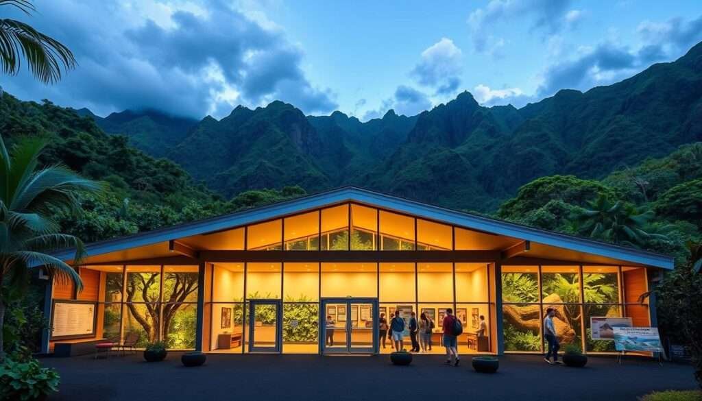 A modern, airy visitor center nestled amidst the lush, verdant landscape of Hawaii's volcanic terrain. The building features floor-to-ceiling windows that flood the interior with warm, natural light, offering sweeping views of the dramatic mountains and lush foliage beyond. The entrance is adorned with a sleek, minimalist design, guiding visitors towards the welcoming information desk and displays showcasing the region's rich natural history and diverse wildlife. Comfortable seating areas and interactive exhibits invite guests to plan their hikes and explore the wonders of this remarkable volcanic paradise.