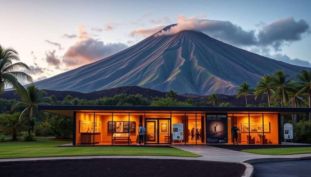 A modern, inviting visitor center nestled at the base of a majestic volcano. The low-profile building features a sleek, glass-and-steel facade that seamlessly blends with the lush, tropical landscape. Warm lighting casts a cozy glow through the expansive windows, drawing visitors inside to explore interactive exhibits and informative displays about the region's volcanic activity and hiking trails. The center's clean, minimalist design is complemented by carefully curated seating areas and welcoming signage, creating an atmosphere that encourages exploration and appreciation of Hawaii's natural wonders.