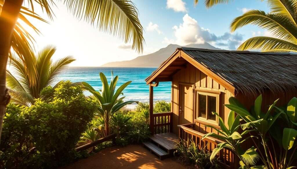 A modest Hawaiian beach cottage nestled amidst lush tropical foliage, with a thatched roof and wooden porch overlooking the turquoise waters of the Pacific. Warm golden sunlight bathes the scene, casting soft shadows across the weathered exterior. In the distance, verdant mountains rise up, creating a picturesque backdrop. The cozy, understated design exudes a sense of laid-back island living, offering a budget-friendly yet charming accommodation option for the discerning traveler seeking an authentic Hawaiian experience.