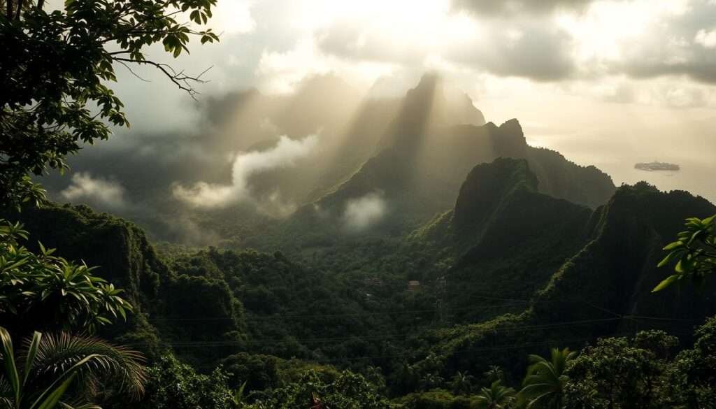 A mystical and enigmatic island shrouded in mist and tropical foliage. The lush, verdant landscape is punctuated by rugged cliffs and ancient volcanic formations, casting dramatic shadows across the ground. A sense of isolation and timelessness pervades the scene, with only the gentle rustling of leaves and the distant call of exotic birds to break the silence. Sunlight filters through the canopy, casting a warm, golden glow that highlights the rich, earthy tones of the terrain. In the distance, the outline of a small, traditional Hawaiian settlement can be seen, hinting at the island's hidden culture and history. The overall atmosphere is one of profound mystery and untamed natural beauty.