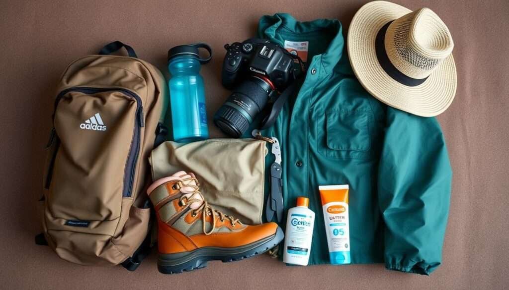 A neatly arranged still life showcasing the essential travel items for the Big Island adventure - a sturdy backpack, a refillable water bottle, a high-quality camera with a wide-angle lens, a pair of reliable hiking boots, a compact rain jacket, a wide-brimmed hat, a handy multi-tool, and a sunscreen-infused moisturizer. The items are set against a muted, earthy background, capturing the rugged, outdoorsy vibe of the Big Island. Soft, natural lighting illuminates the scene, casting gentle shadows and highlighting the textures of the materials. The overall composition conveys a sense of organization, preparedness, and excitement for the upcoming journey to explore the island's volcanic landscapes, starry skies, and black sand beaches.