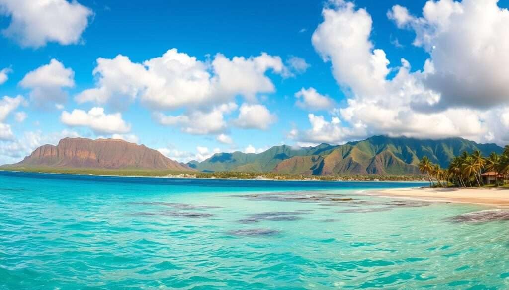 A panoramic landscape showcasing the diverse Hawaiian islands. In the foreground, crystal-clear turquoise waters lap against pristine white-sand beaches, palm trees sway gently in the breeze. The middle ground features lush, verdant hills and dramatic volcanic peaks, each island distinct in its geological features. The background is a dramatic skyscape, with fluffy cumulus clouds drifting across a vibrant azure sky. Warm, golden lighting bathes the scene, creating a serene, inviting atmosphere. Captured with a wide-angle lens to emphasize the scale and grandeur of the island comparison. This image conveys the unique beauty and variety of the Hawaiian islands, enticing the viewer to explore and discover which one is best suited for their dream vacation.