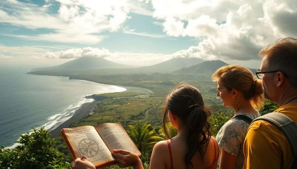 A panoramic vista of a tropical island paradise, the lush green slopes of Mauna Loa and Mauna Kea towering in the distance. In the foreground, a family gathers, their faces filled with wonder as they consult a vintage compass and a well-worn travel guide, the pages weathered by time. Soft, golden light filters through wispy clouds, casting a warm glow over the scene. In the middle ground, a winding path leads towards a black sand beach, the gentle waves lapping at the shore. The atmosphere is one of anticipation and adventure, capturing the spirit of planning a transformative journey to the Big Island in 2025.