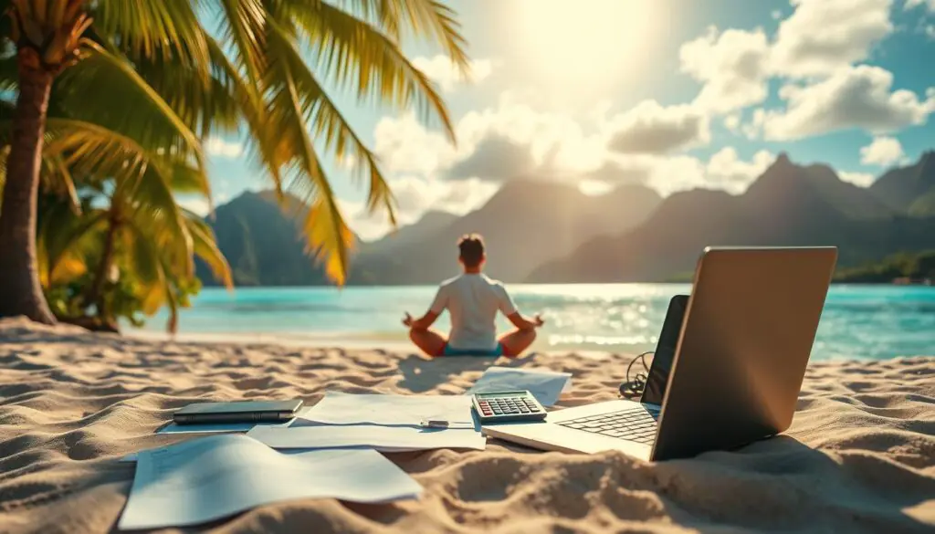A peaceful Hawaiian beach with a laptop, calculator, and travel planning documents scattered across the sand. Warm, golden sunlight filters through swaying palm trees, casting a tranquil glow over the scene. In the middle ground, a traveler sits cross-legged, deeply focused on budgeting and organizing their upcoming trip. The background features a breathtaking vista of crystal-clear turquoise waters, lush green mountains, and a vibrant tropical sky. The mood is one of serene contemplation, as the traveler meticulously plans their budget-friendly Hawaiian adventure.