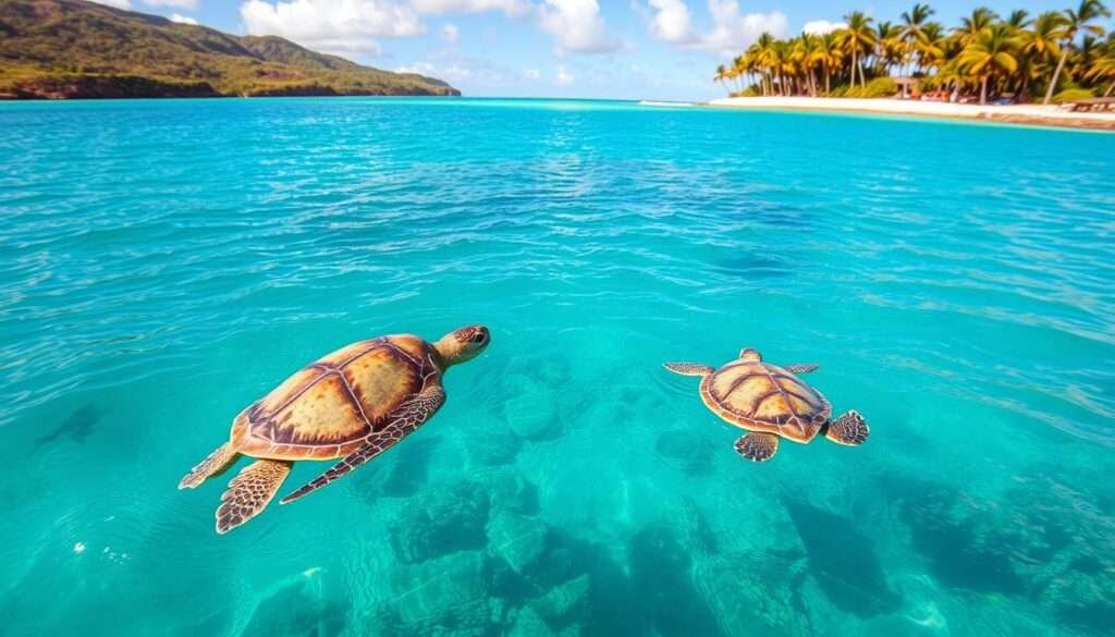 A peaceful scene of Hawaiian green sea turtles (Chelonia mydas) peacefully swimming in the crystal-clear turquoise waters of a lush tropical bay. In the foreground, two turtles glide effortlessly, their shells shimmering in the warm afternoon sunlight. The middle ground reveals a small reef teeming with colorful marine life, while the distant background features a picturesque shoreline dotted with swaying palm trees. The image captures the serene, intimate encounter one might have with these majestic, ancient creatures in their natural island habitat.