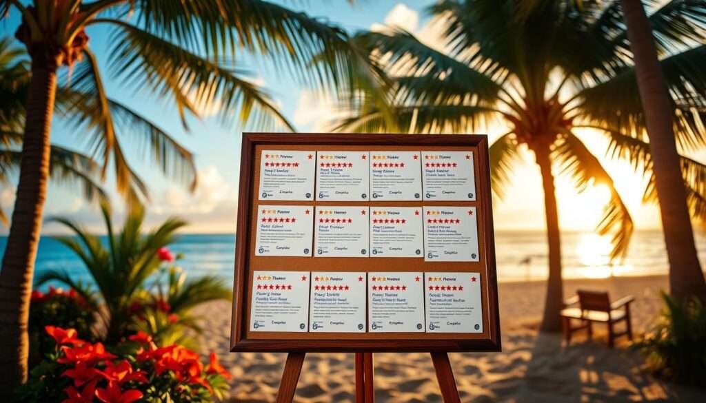 A picturesque beachside setting in Hawaii, with a series of framed reviews and ratings from happy tourists displayed prominently. The foreground features a tropical backdrop of swaying palm trees, vibrant flowers, and a glistening blue ocean. In the middle ground, a wooden display stand holds a collection of laminated cards showcasing colorful 5-star reviews, with handwritten comments and ratings. The background subtly fades into a warm, golden sunset, creating a serene and inviting atmosphere. The lighting is soft and natural, accentuating the vibrant colors and textures. The overall composition conveys a sense of island tranquility and the joy of discovering Hawaii's hidden gems through the eyes of satisfied visitors.