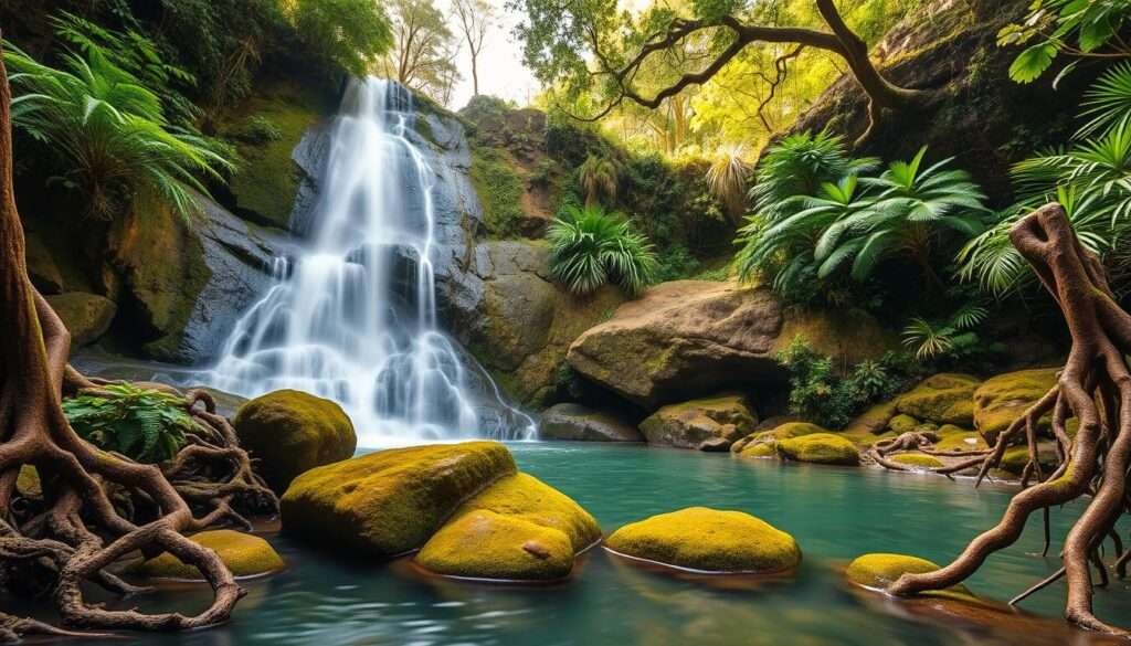 A picturesque cascade tumbling over lush, verdant cliffs in the heart of Kauai's pristine, jungle-clad interior. The water rushes forth in a graceful, flowing torrent, crashing into a tranquil pool below, surrounded by vibrant, fern-covered boulders and ancient, twisted tree roots. Soft, diffused sunlight filters through the canopy above, casting a warm, golden glow upon the scene. The serene, otherworldly atmosphere evokes a sense of primal wonder and connection with the island's untamed, natural beauty. Captured with a wide-angle lens to showcase the grandeur of this hidden waterfall oasis.