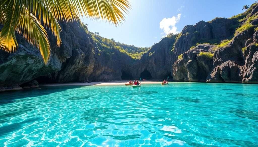 A picturesque cove with crystal-clear turquoise waters lapping against a pristine sandy beach, nestled between towering cliffs draped in lush tropical foliage. Sunlight filters through swaying palm fronds, casting a warm, golden glow across the scene. In the distance, a small group of kayakers glide silently over the calm, mirror-like surface, exploring hidden sea caves and secluded inlets. The atmosphere is one of tranquility and serenity, a true paradise untouched by the crowds. Capture the essence of Hawaii's most exclusive and enchanting hidden beaches.