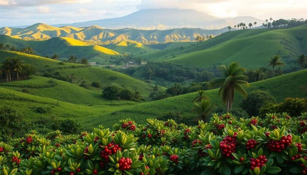 A picturesque landscape of lush, verdant coffee farms nestled amid the rolling hills of South Kona, Hawaii. In the foreground, rows of coffee bushes with vibrant green leaves and ripe, red berries dot the undulating terrain. Farther back, the land rises into a tapestry of emerald-hued slopes, peppered with the dark, weathered trunks of mature coffee trees. The scene is bathed in soft, golden light, casting a warm, tranquil glow over the entire tableau. In the distance, the majestic silhouette of Mauna Loa volcano looms, its slopes cloaked in a hazy blue-grey haze. The overall atmosphere evokes a sense of serene, bucolic charm, perfectly capturing the essence of the scenic "Coffee Country" drive through South Kona.