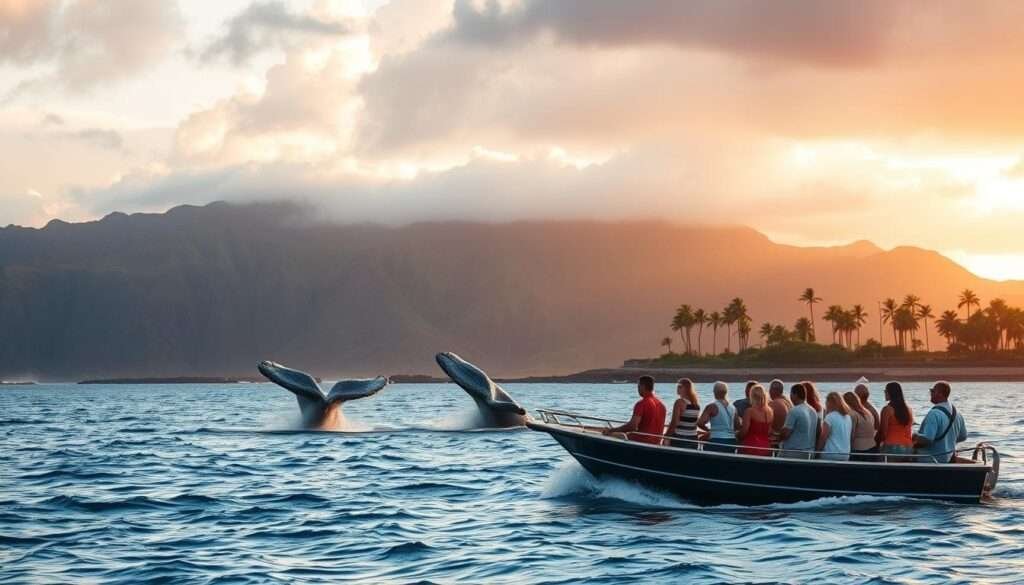 A picturesque scene of whale watching in the tranquil waters off the coast of Hawaii. In the foreground, a small boat filled with awestruck onlookers, their eyes trained on the majestic humpback whales breaching the surface, their massive forms cutting through the deep blue Pacific. The middle ground features a panoramic view of the lush, verdant Hawaiian coastline, with its dramatic volcanic cliffs and swaying palm trees. The background is dominated by a warm, golden-hued sky, bathed in the soft, diffused light of the setting sun, casting a serene, ethereal glow over the entire scene. The overall mood is one of wonder, adventure, and a deep appreciation for the natural splendor of this island paradise.