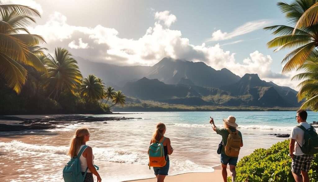 A pristine Hawaiian beach with swaying palm trees, sun-dappled waters lapping at the shore. In the foreground, a group of travelers exploring the lush, verdant landscape, carrying eco-friendly gear - reusable water bottles, solar-powered backpacks, and biodegradable sunscreen. Mid-ground, a tour guide points out native flora and fauna, educating the group on sustainable practices. In the background, volcanic peaks rise majestically, casting long shadows over the scene. Warm, golden lighting filters through wispy clouds, evoking a serene, peaceful ambiance. The overall atmosphere promotes a harmonious coexistence between humans and the island's delicate ecosystem.