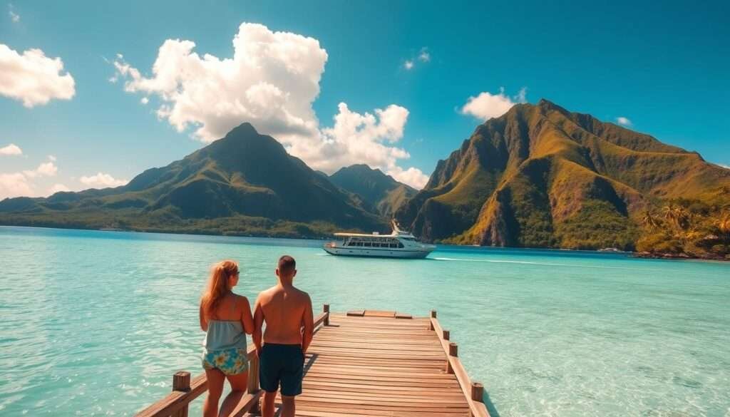A scenic island landscape with a lush, verdant palm-lined beach. In the foreground, two people stand on a wooden pier, gazing out at the crystal-clear turquoise waters. In the middle ground, a small inter-island ferry boat gently glides across the calm bay. In the background, towering green mountains rise up, their slopes covered in tropical vegetation. The sky is a brilliant azure, with fluffy white clouds drifting lazily overhead. The lighting is warm and golden, creating a serene, tranquil atmosphere. Captured with a wide-angle lens to emphasize the expansive, picturesque setting - an idyllic, budget-friendly island-hopping scene in Hawaii.