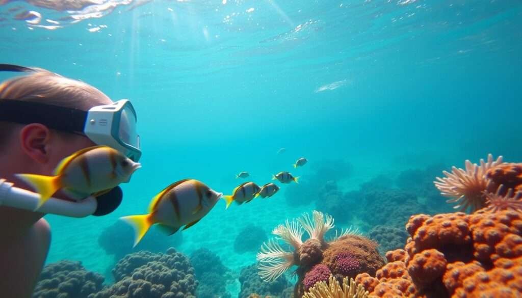 A scenic underwater seascape with a group of snorkelers exploring a vibrant coral reef. The foreground features a snorkeler closely observing a school of tropical fish, their mask and snorkel equipment clearly visible. The middle ground depicts several other snorkelers, their heads and shoulders emerging from the turquoise waters, surrounded by swaying sea fans and anemones. In the background, sunlight filters through the surface, casting a warm, golden glow over the entire scene. The overall atmosphere conveys a sense of tranquility, wonder, and safety as the snorkelers venture into the hidden underwater world.