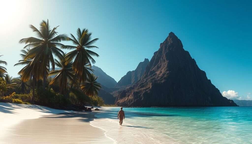 A secluded beach with crystal-clear turquoise waters lapping against soft, white sand. Towering palm trees sway gently in the warm tropical breeze, casting dappled shadows across the idyllic scene. Dramatic volcanic cliffs rise up in the distance, their jagged peaks silhouetted against a brilliant azure sky. The sun glints off the gently rippling surface of the calm, tranquil ocean, creating a sense of serenity and peace. A lone beachgoer strolls along the water's edge, taking in the breathtaking natural beauty of this hidden paradise. Soft, diffused lighting bathes the entire landscape in a warm, golden glow, creating a dreamlike atmosphere of absolute tranquility.