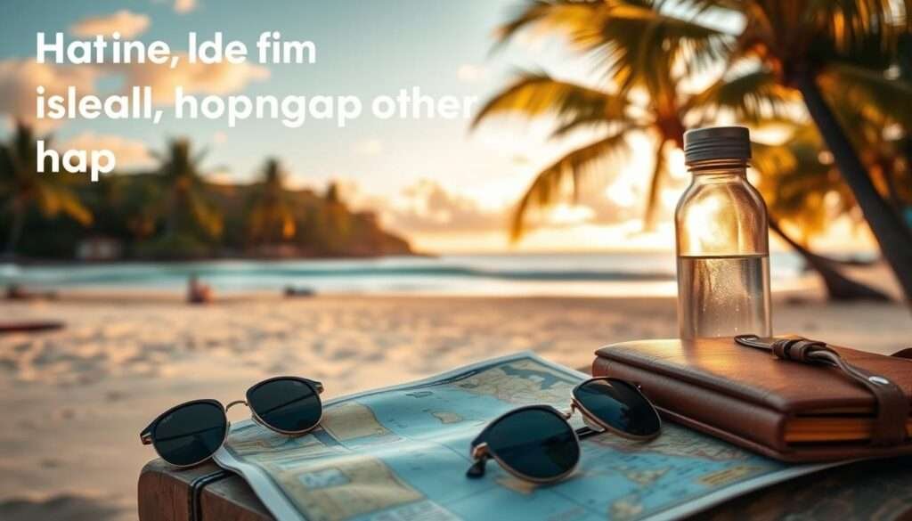 A serene Hawaiian beach at golden hour, with swaying palm trees and a warm, inviting ocean in the background. In the foreground, a collage of travel essentials - a retro-style map, a pair of sunglasses, a water bottle, and a worn leather journal. The lighting is soft and diffused, creating a cozy, relaxed atmosphere. The overall scene conveys the excitement and anticipation of planning an island-hopping adventure in Hawaii, with a focus on the essential tips and tools needed for a successful and memorable vacation.