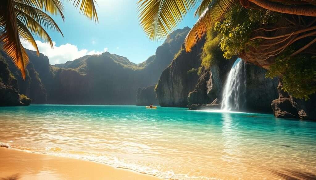 A serene Hawaiian beach with lush, verdant cliffs in the background, a crystal-clear turquoise lagoon in the foreground, and a hidden waterfall cascading down the rockface. Warm, golden light filters through the palms, creating a tranquil, almost mystical atmosphere. In the distance, a solitary kayak glides across the still waters, hinting at the unexplored adventures that await. The scene evokes a sense of discovery, capturing the essence of Hawaii's hidden gems - the off-the-beaten-path treasures that beckon the curious and the adventurous.