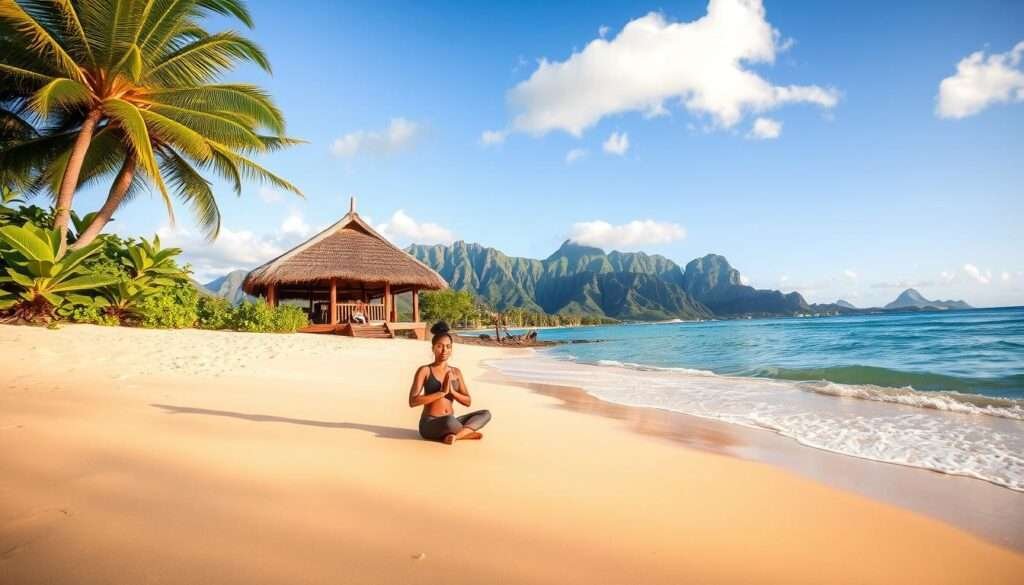 A serene Hawaiian beach with soft, golden sand and gentle waves lapping at the shore. In the foreground, a person sits in a cross-legged meditation pose, surrounded by lush, vibrant tropical foliage. The midground features a traditional Hawaiian hut with a thatched roof, blending seamlessly with the natural environment. The background showcases the majestic, verdant mountains in the distance, their peaks piercing the azure sky. Warm, diffused sunlight bathes the scene, creating a peaceful, rejuvenating atmosphere. The image conveys the essence of wellness and eco-friendly travel in this idyllic Hawaiian paradise.