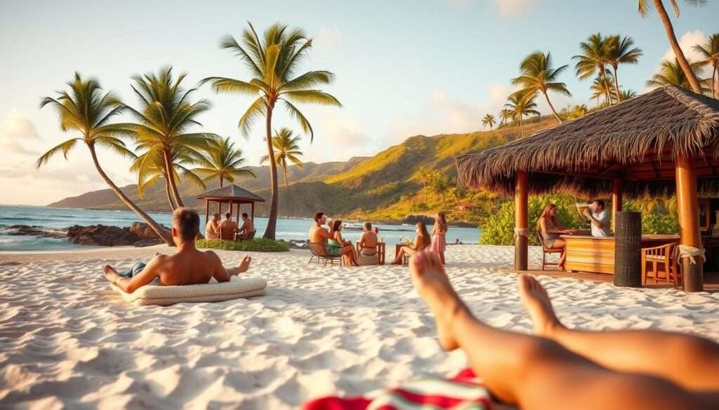 A serene Hawaiian beachscape with guests enjoying the lush island surroundings. In the foreground, a couple relaxes on plush beach towels, toes dug into the soft white sand. The middle ground features a group of friends gathered around a tiki-style outdoor lounge, sipping tropical cocktails and admiring the breathtaking ocean view. In the background, a gently sloping hillside is blanketed in verdant palm trees and tropical flora, bathed in warm, golden afternoon light. The overall mood is one of tranquility, leisure, and pure island bliss. A serene Hawaiian beachscape with guests enjoying the lush island surroundings. In the foreground, a couple relaxes on plush beach towels, toes dug into the soft white sand. The middle ground features a group of friends gathered around a tiki-style outdoor lounge, sipping tropical cocktails and admiring the breathtaking ocean view. In the background, a gently sloping hillside is blanketed in verdant palm trees and tropical flora, bathed in warm, golden afternoon light. The overall mood is one of tranquility, leisure, and pure island bliss.