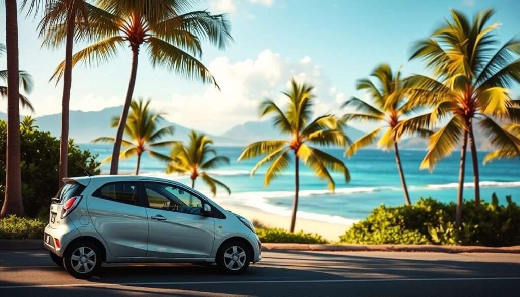 A serene Hawaiian island landscape with a compact, fuel-efficient rental car in the foreground, parked along a palm-lined coastal road. The vehicle has a clean, modern design and is framed by lush tropical foliage. In the middle ground, a picturesque beach with azure waters and distant mountains create a breathtaking backdrop. The scene is bathed in warm, golden sunlight, with soft shadows and highlights accentuating the car's sleek lines. The overall atmosphere conveys a sense of relaxation and affordability, perfectly capturing the essence of budget-friendly car rentals in Hawaii.