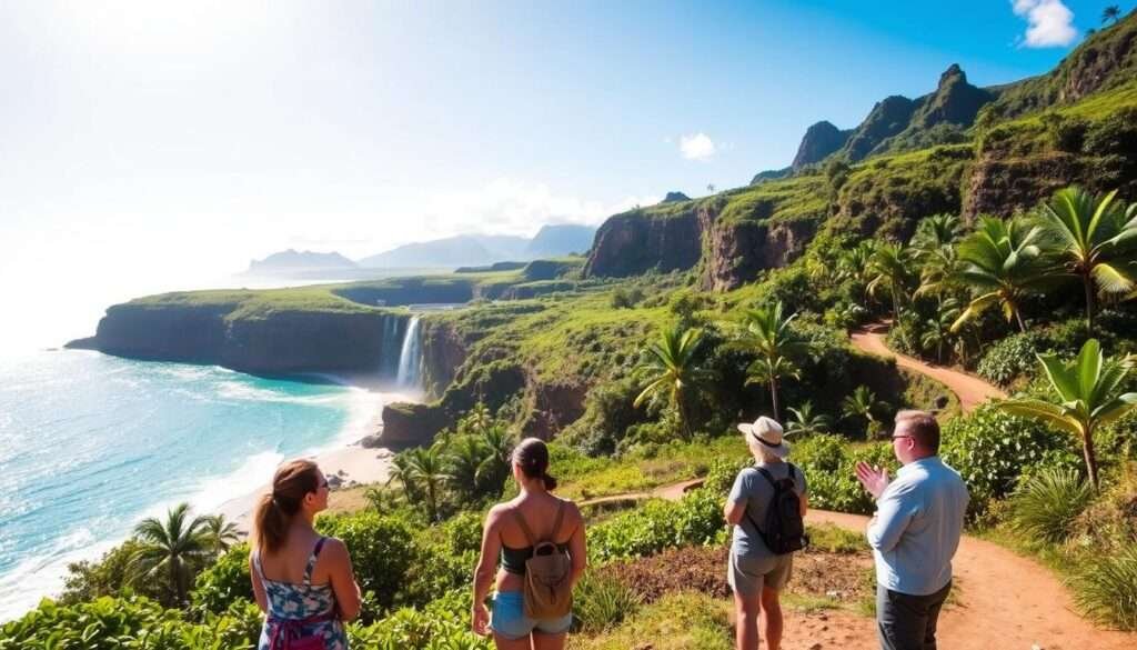 A serene Hawaiian landscape with a pristine beach, lush tropical foliage, and a clear azure sky. In the foreground, a group of eco-conscious travelers stand in awe, gazing at a stunning waterfall cascading down a towering cliff. Soft, natural lighting illuminates their faces as they take in the breathtaking natural beauty around them. The middle ground features a well-maintained hiking trail winding through verdant, sustainable gardens, showcasing the island's commitment to eco-tourism. In the background, distant volcanic peaks rise majestically, creating a stunning backdrop for this bucket list experience for eco-friendly travelers.