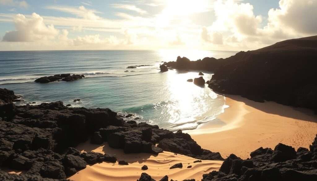 A serene cove nestled in Maui's southwestern shore, Makena Cove features a breathtaking juxtaposition of pristine white sand and rugged black lava rock formations. Capture the natural beauty with a wide-angle lens, showcasing the cove's crescent-shaped beach and the dramatic volcanic backdrop. Bathe the scene in warm, golden sunlight filtering through wispy clouds, casting soft shadows and highlights across the undulating sand and jagged lava edges. Convey a sense of tranquility and wonder, inviting the viewer to imagine themselves relaxing on this hidden Hawaiian gem.