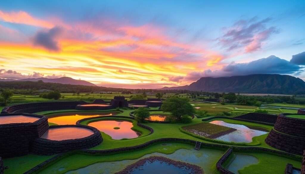 A serene, expansive vista of ancient Hawaiian fishponds nestled within the lush, verdant landscape of Kaloko-Honokohau National Historical Park. In the foreground, intricate stone walls and sluice gates stand as testament to the ingenious aquaculture practices of the islands' indigenous people. Mirrored ponds reflect the warm hues of the setting sun, illuminating the carefully tended oyster beds and schools of indigenous fish. In the distance, volcanic mountains rise majestically, their rugged silhouettes cutting against the vibrant orange and pink sky. An atmosphere of tranquility and timelessness pervades the scene, capturing the essence of this hidden gem in the Hawaiian archipelago.